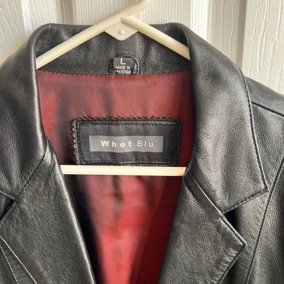 Whet Blu Leather Blazer Jacket Womens Large Black Single Button Red Lining - Picture 2 of 11